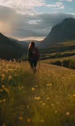 a woman walking down a road carrying a book bag