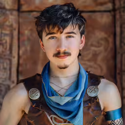 a man wearing leather and blue scarves on his chest,man with short hair and blue scarf wearing armor