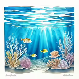 an underwater scene with fish swimming about,an underwater scene with fish swimming around and corals,a painting of an ocean coral reef with fishes on it,two fish are swimming over a coral with the sun shining on it,a painting of coral reef with fish swimming around