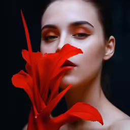 a woman is holding red flowers and looking in the mirror