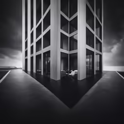 a monochrome photo shows an apartment building and an umbrella