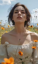 a woman wearing a white top with sunflowers