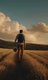 a man carrying a skateboard down a dry grass field