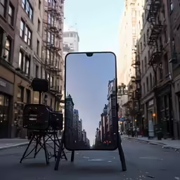 an advertisement on a phone frame in the middle of a street