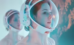 two beautiful young women in headphones standing next to each other