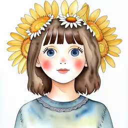 this is an illustration of a girl with sunflowers in her hair,a child has sunflowers on her head for a cute portrait