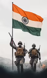two men holding guns next to an indian flag