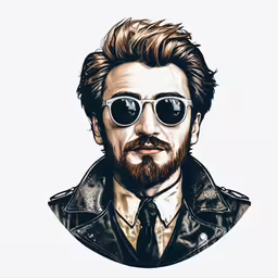 drawing of robert pitts from avengers with a leather jacket and sunglasses,a photo of the actor in black sunglasses and a beard