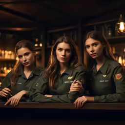 three girls in green uniforms sitting in a pub