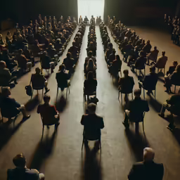 people sitting on chairs in front of a large audience