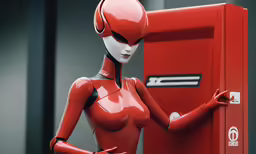 a red robot is holding a large metal object