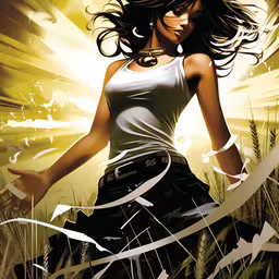 a woman is standing in tall grass with her arms out,a beautiful young woman with long hair holding her gun