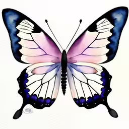 a purple, black and white butterfly with white wings,a painting of a butterfly on a white background,a pink and black butterfly with blue accents,this is an image of a pink and blue butterfly,watercolor butterfly painting on white paper with black border