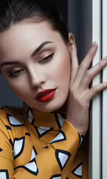 a woman is posing with her hand against a radiator