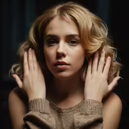 a woman with blonde hair posing for a portrait