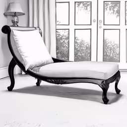 a chaise lounge is sitting near an open window
