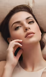 a woman is laying down with her face to the side