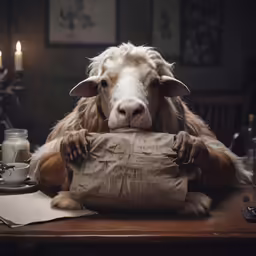 a big sheep that is hiding behind a bag