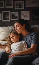 a woman is cuddling with her daughter on a bed