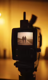 two people walking down a road, while a camera lens is also used to record them