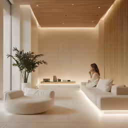 a woman sits on a couch in a large room