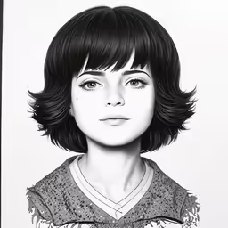a black and white drawing of a woman with a bobble - head haircut