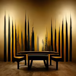 the bench is next to a giant painting in an empty room