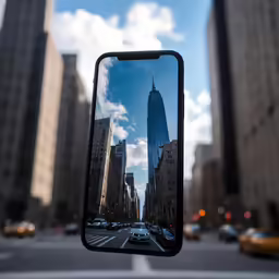 a side view mirror with a picture of a skyscraper