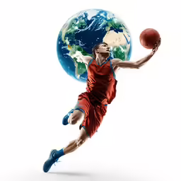 a male basketball player in an orange uniform
