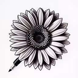a sunflower has a pen laying in it
