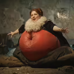 a lady in a costume sitting on top of a giant pillow