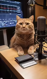 a cat sits in front of a microphone next to the computer