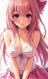 a girl is sitting on the bed with pink hair