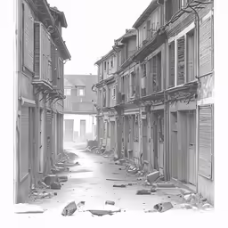 the street between two buildings with broken doors