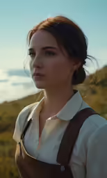 a woman with long brown hair wearing an old fashion outfit