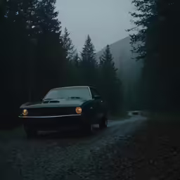 a vintage muscle car in the dark during dusk
