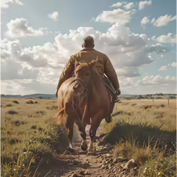 man riding horse on path between grassy field