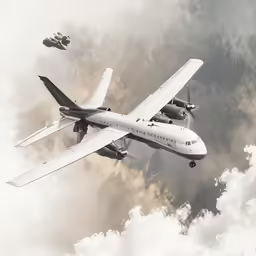 a large air plane in the sky flying through clouds