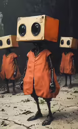 a bird like figure stands in front of other identical sized objects
