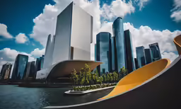 a boat floating down a river next to tall buildings
