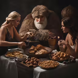 two women are looking at food on a table