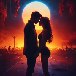 the poster is designed with a couple kissing in front of a sunset,two people are kissing in the background of an incredible sunset