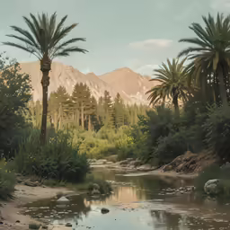 a landscape of palm trees, water and hills