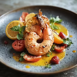there is food on the plate including shrimp and vegetables