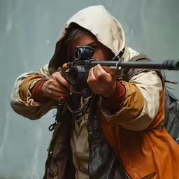 a person is holding a gun and aiming it at the camera