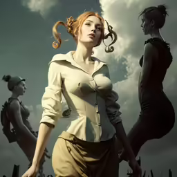 a woman in a white dress and another woman with a brown dress
