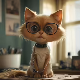 a cat with glasses is sitting on the table
