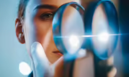 the young woman looks through two magnifying glass objects