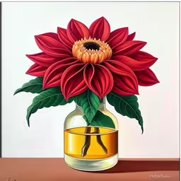 a painting of a red flower in a yellow vase,painting of a red flower in a glass vase,a painting of a large red and orange flower in a vase,a painting of a flower inside a vase,a painting of a large flower inside of a vase