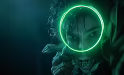 a woman with green hair holding a neon circle